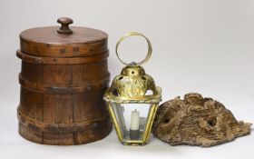 An oak grain measure, a 17th century oak rosette boss and ceiling pendant candle lantern