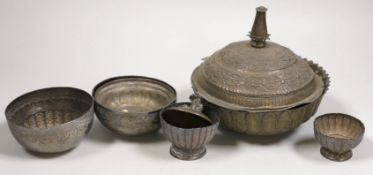 A Malay Straits pedestal bowl and cover or 'Batil Ber Tutop' (a.f.), three Malay Straits white metal