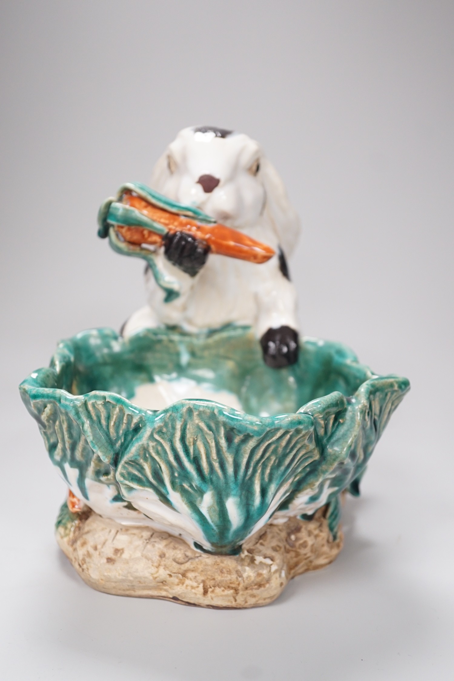 An unusual late 19th century Continental majolica 'rabbit' dish. 26cm high - Image 3 of 7