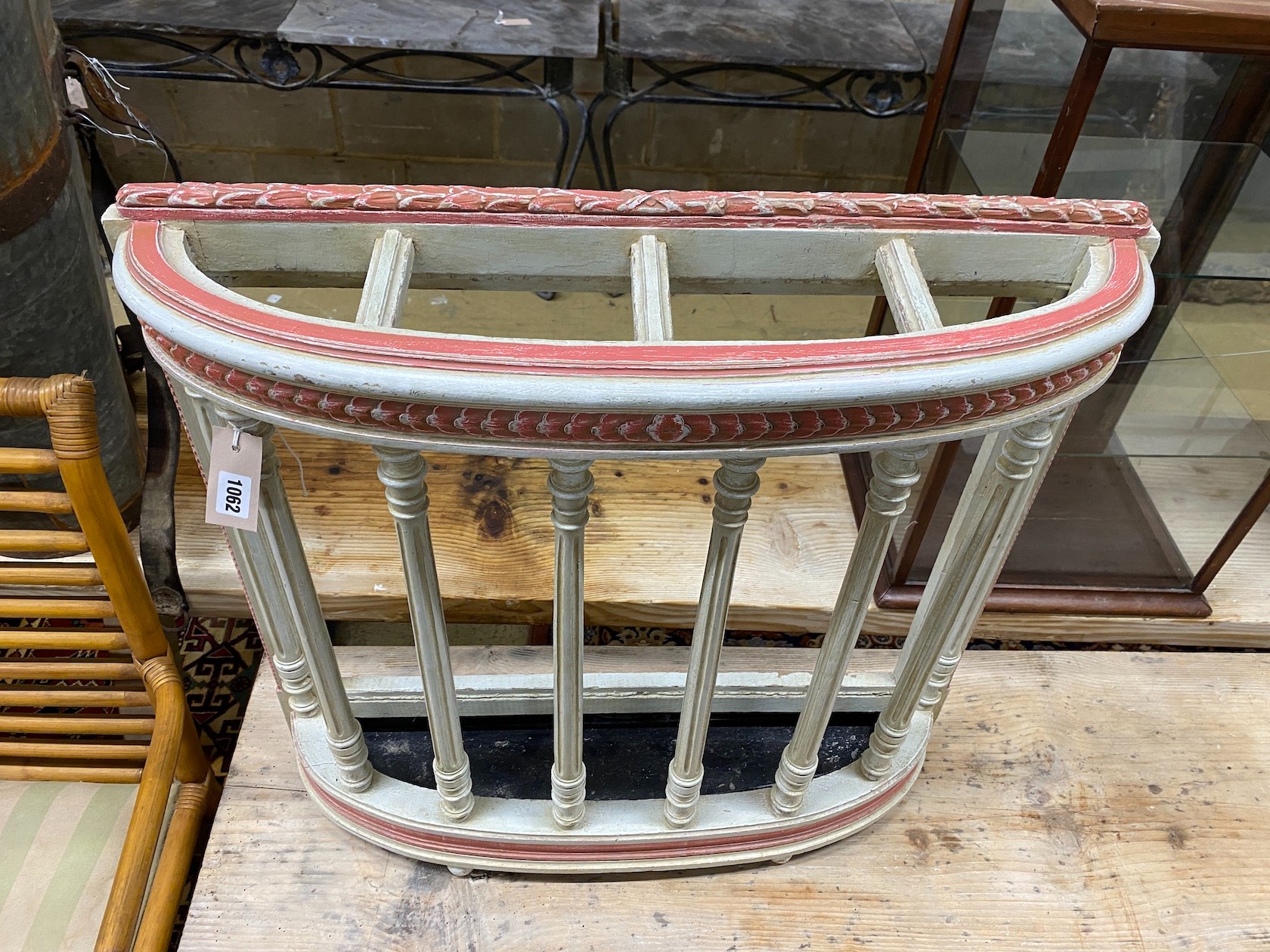 An early 20th century French painted four division stickstand with drip tray, width 73cm, depth - Image 2 of 2