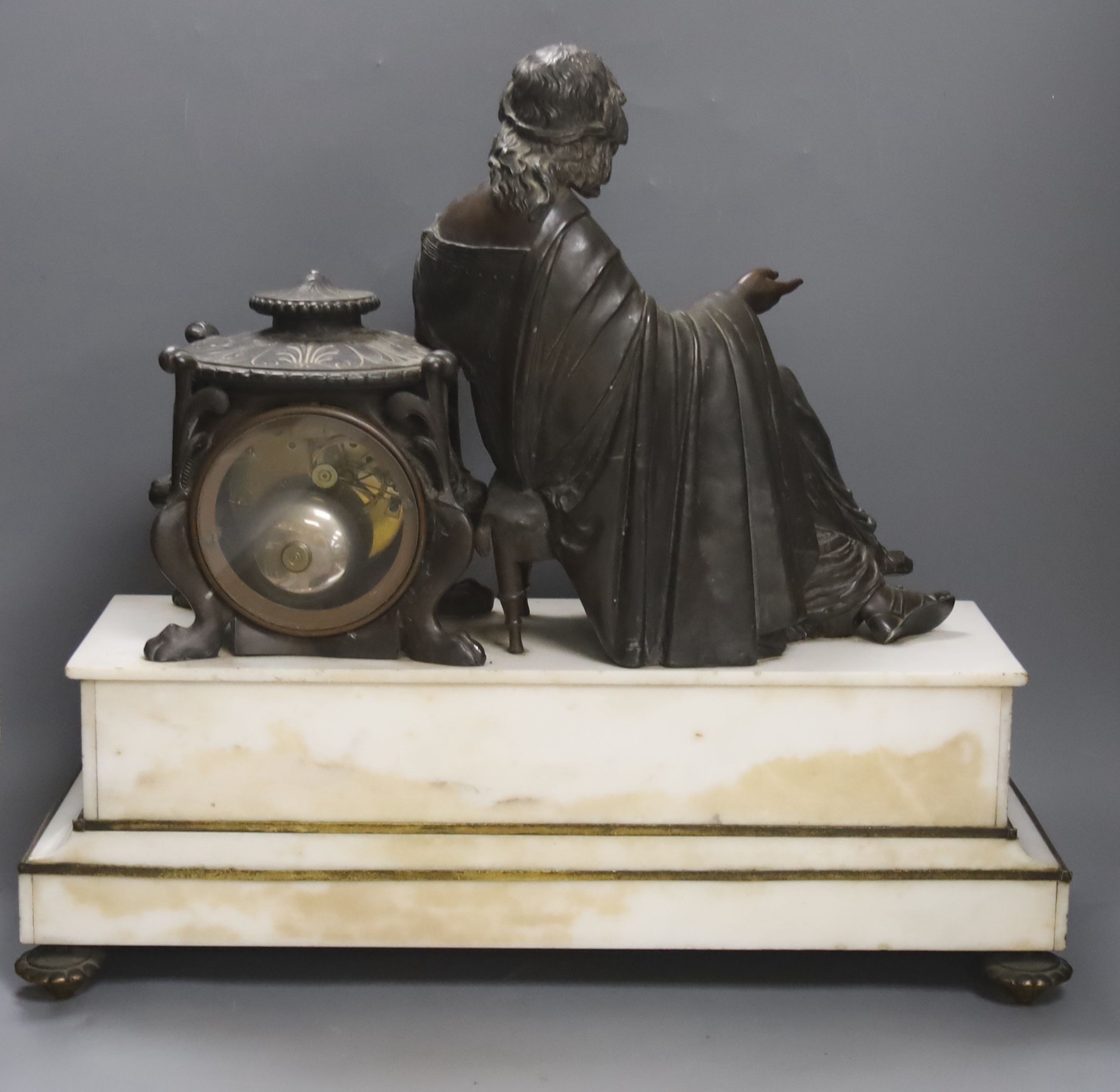 A French marble and bronzed metal figural mantel clock. 49cm - Image 3 of 4
