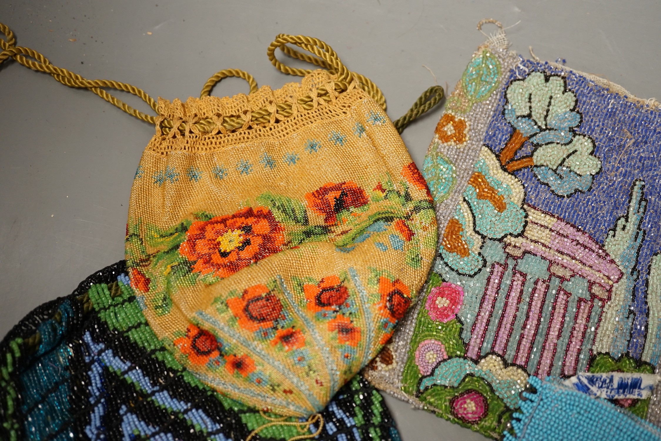 A late 19th century floral bead worked drawstring bag, a later jazz age beaded bag, a turquoise - Image 4 of 9