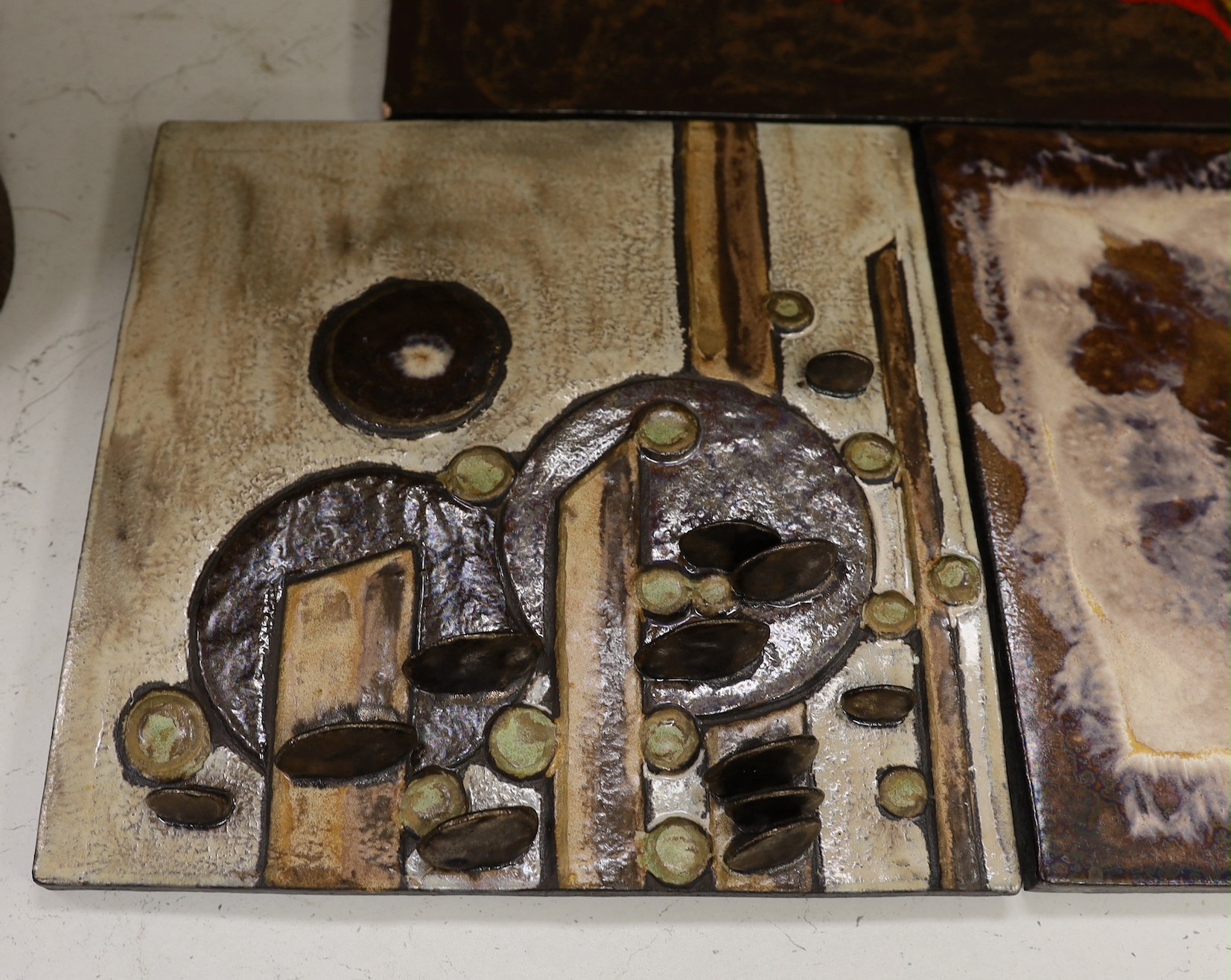Two West German Ruscha pottery wall plaques and two studio pottery metallic glazed plaques. - Image 2 of 5