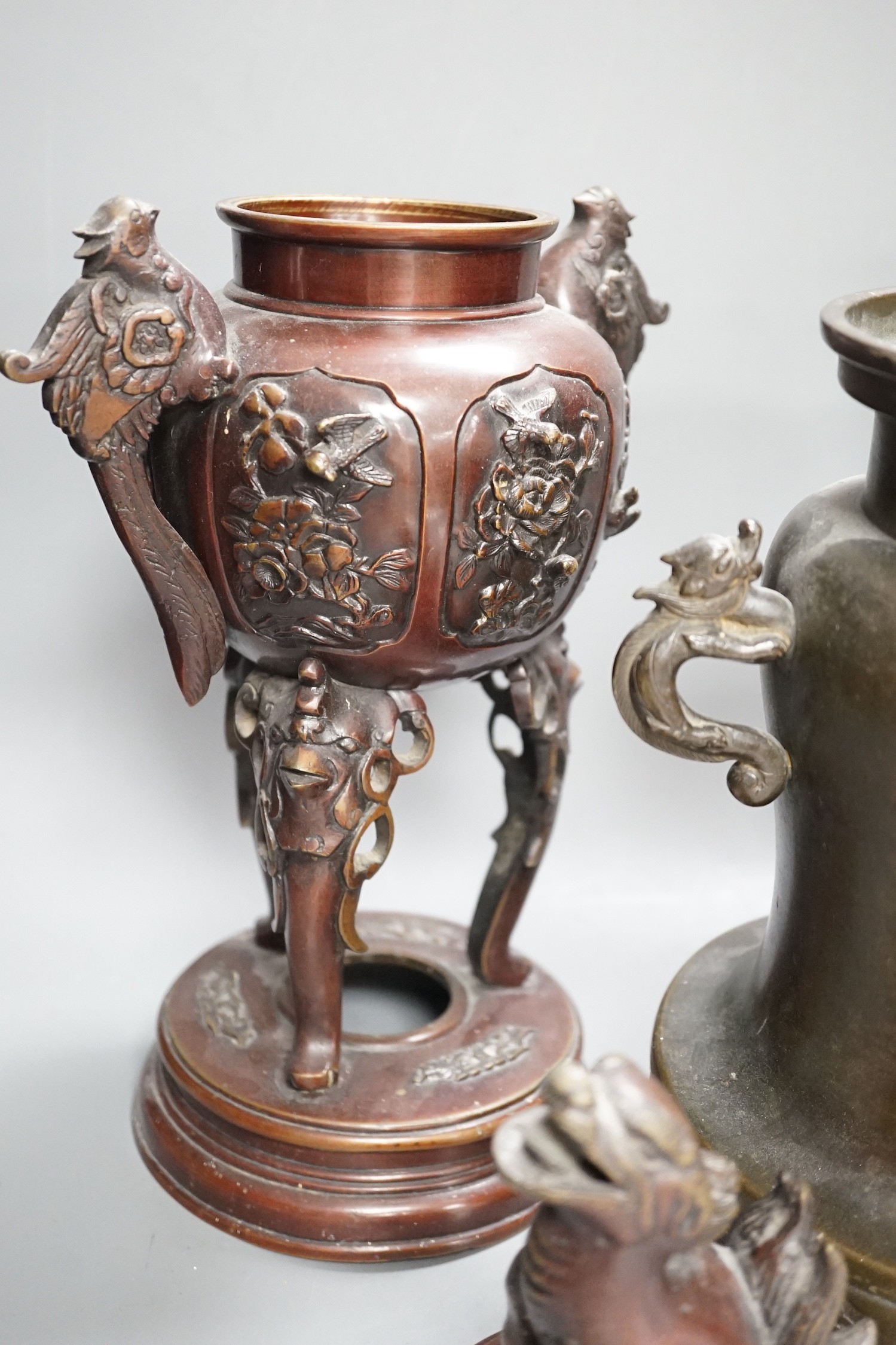 A pair of Japanese bronze vases and covers, 41 cm high and a Japanese two handled vase, 26 cm - Image 6 of 7