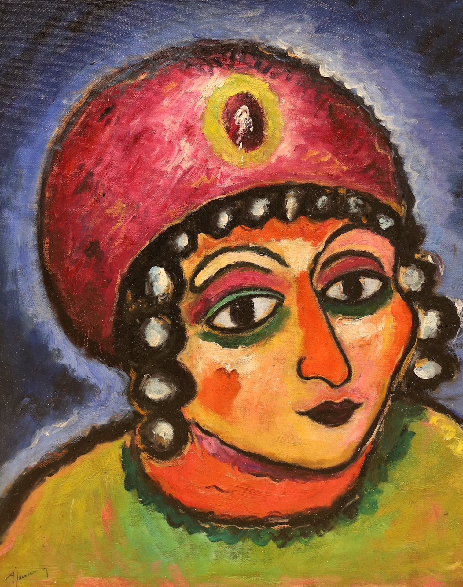 After Alexej Von Jawlensky, oil board, 'Barbarian Princess', indistinctly signed, 51 x 41cm