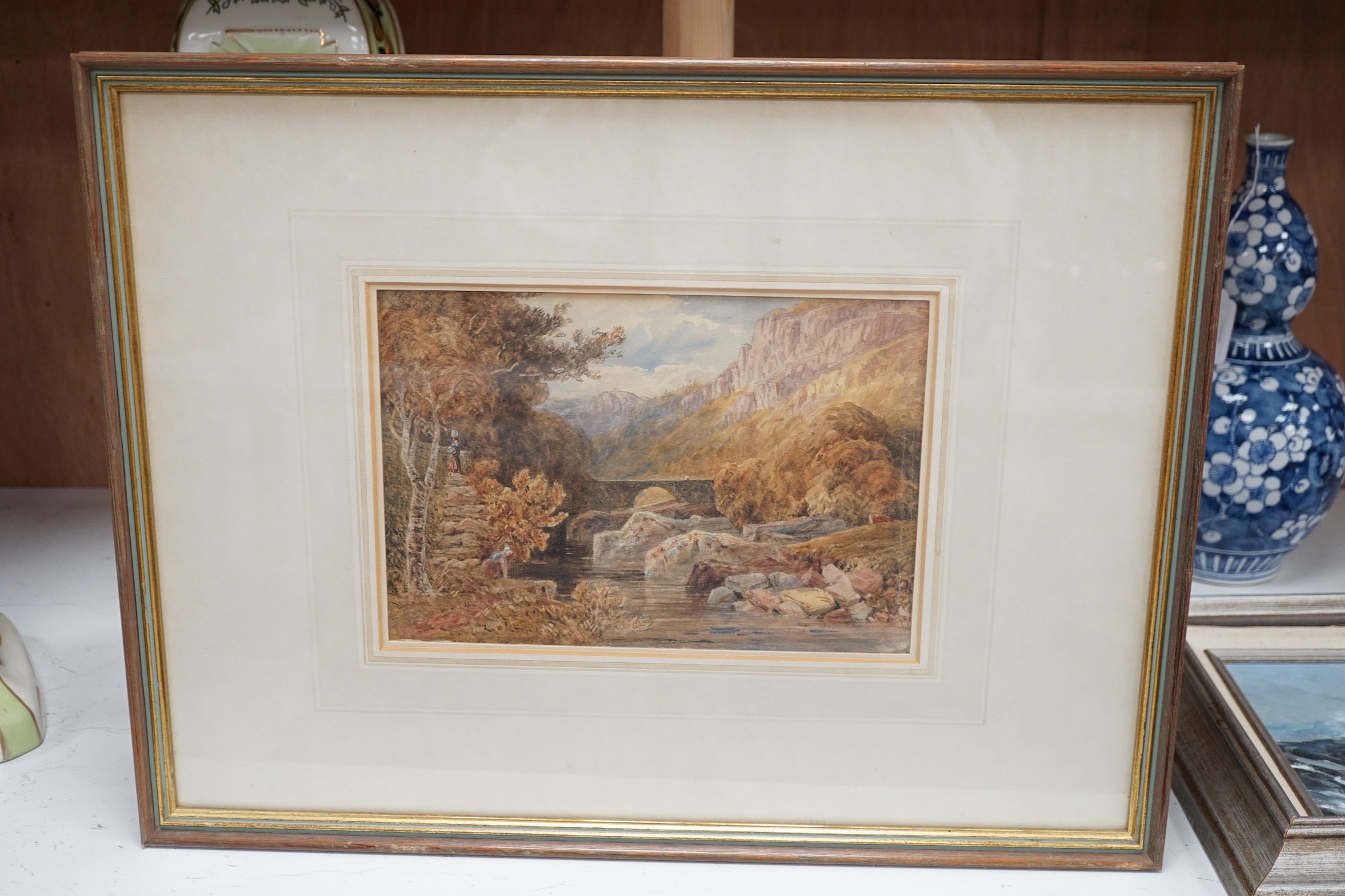 Attributed to David Cox OWS (1783-1859), watercolour, Figures beside a stream, label verso, 18 x - Image 4 of 4