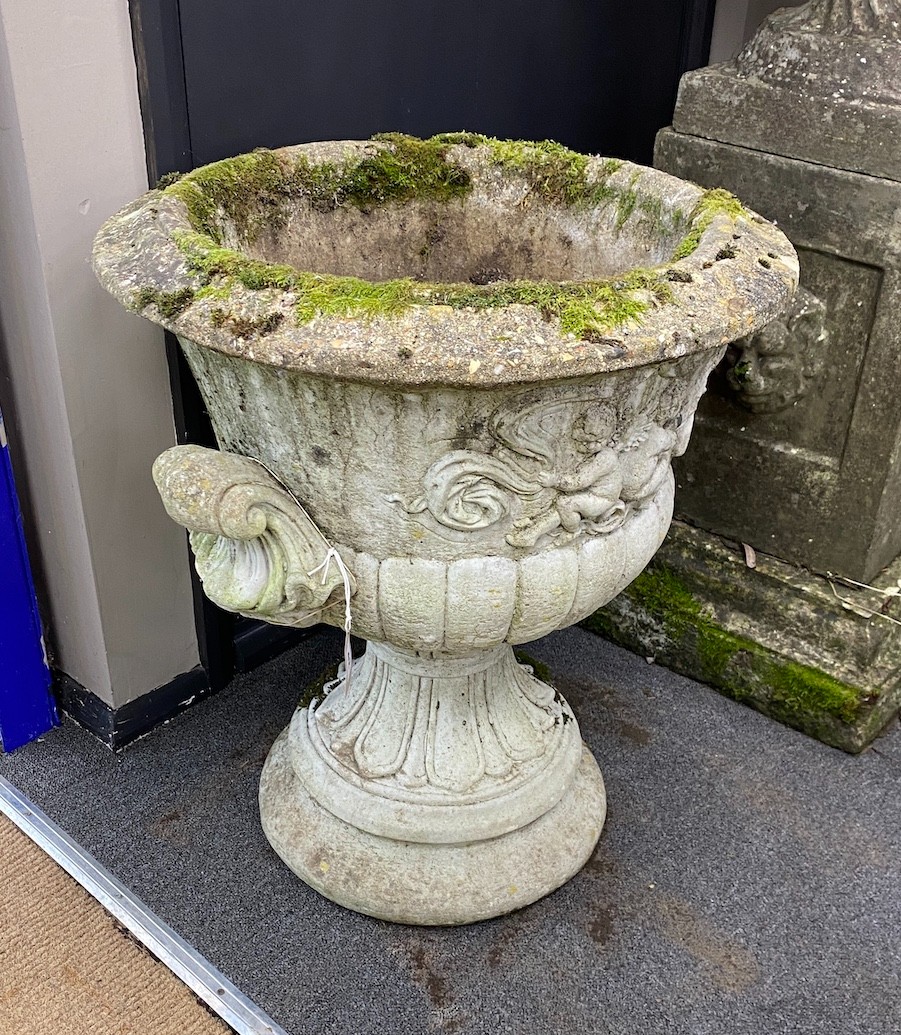 A reconstituted stone campana garden urn, diameter 56cm, height 64cm - Image 2 of 2