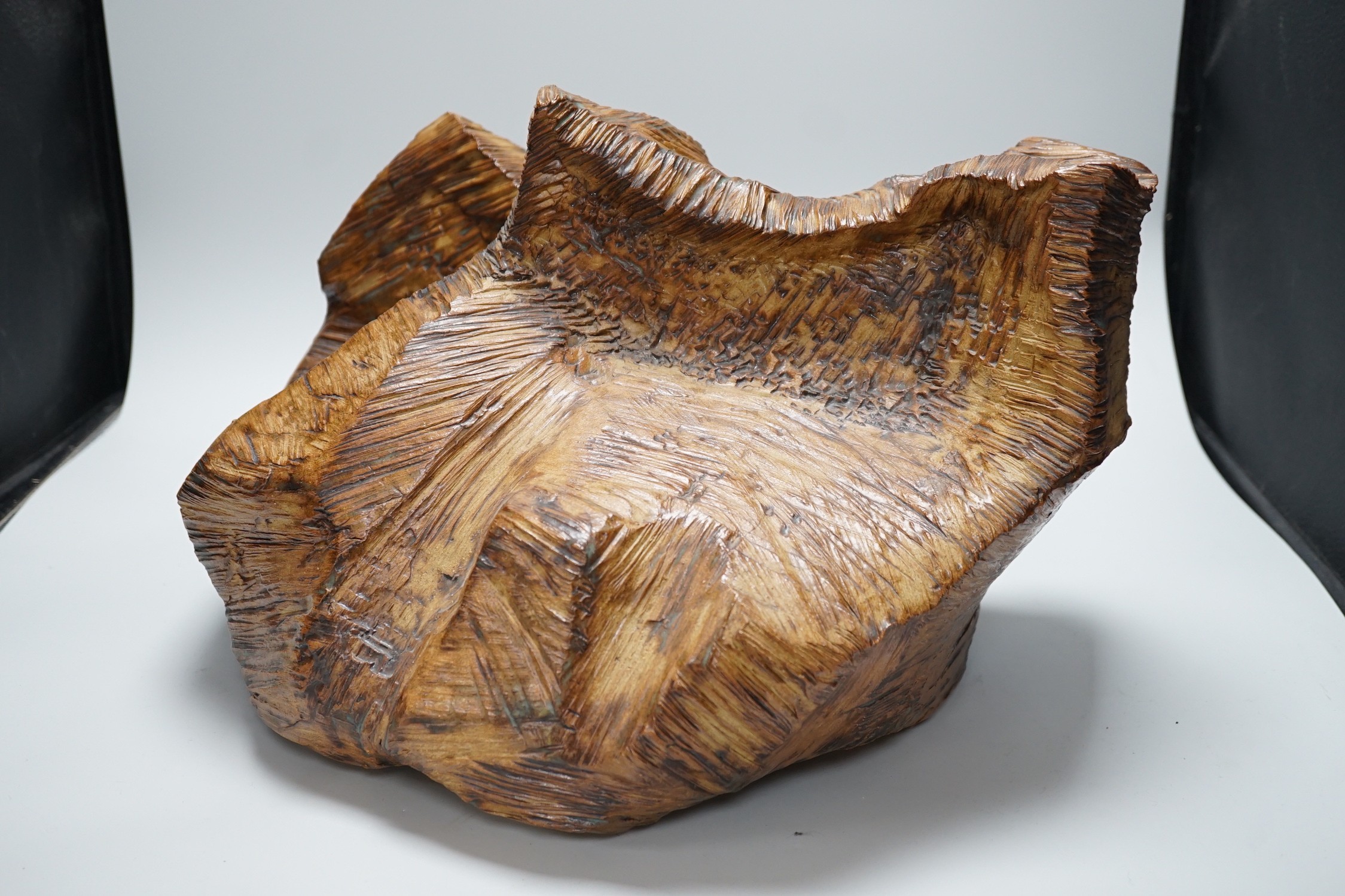 Ruth Sulke - a studio pottery copper-glaze abstract sculpture of a simulated hewn and chisled log, - Image 4 of 4