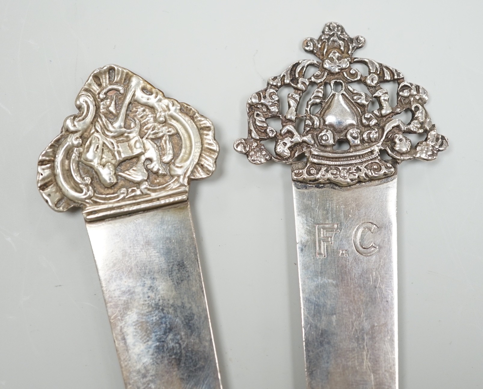 Two silver book marks by Stuart Clifford, London, 1897 and 1902, largest 17.9cm.