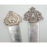 Two silver book marks by Stuart Clifford, London, 1897 and 1902, largest 17.9cm.