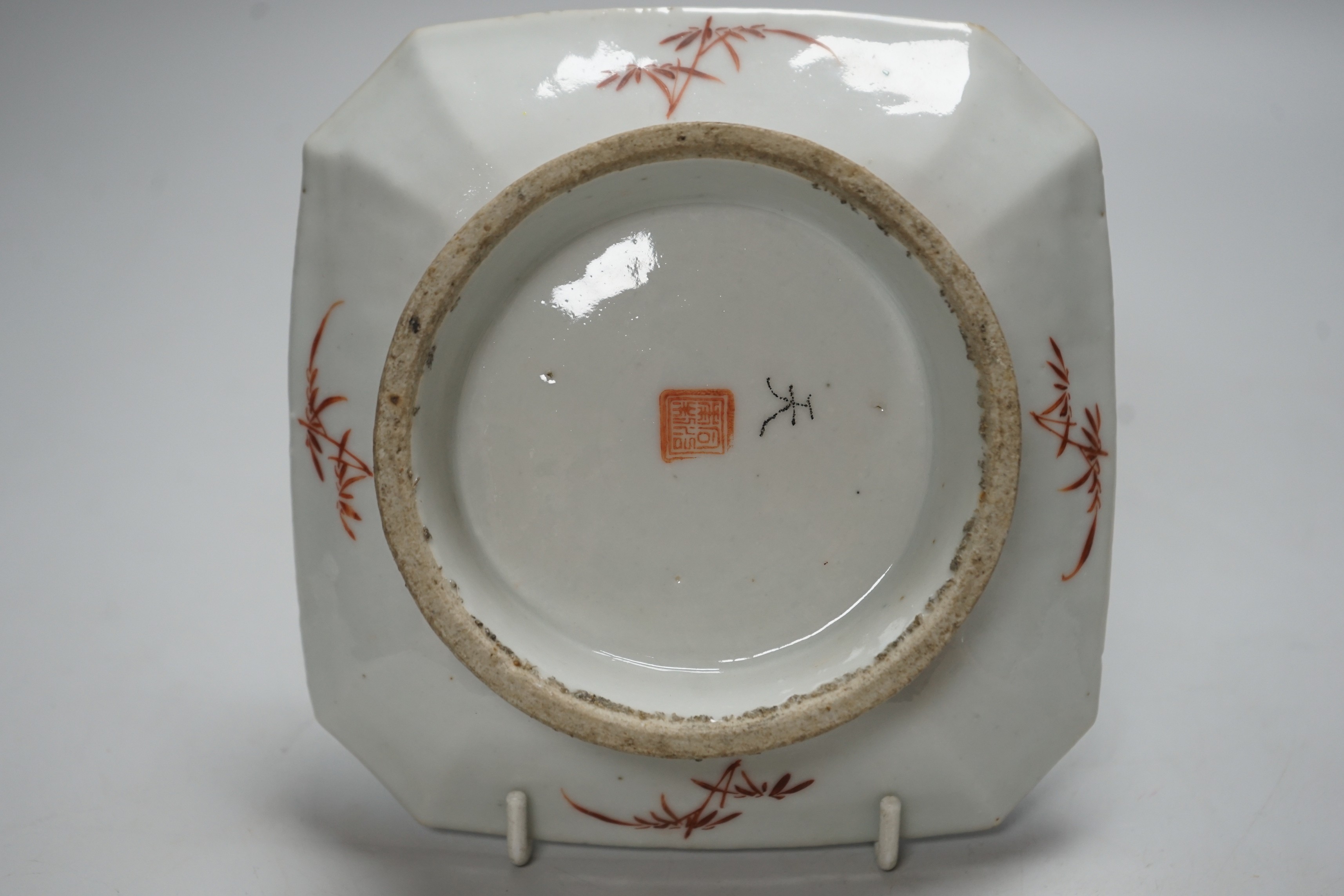 A Chinese enamelled porcelain dish, late 19th century, 15.5 cm, and a bowenite carved figure - Image 2 of 6