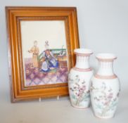A pair of Chinese famille rose vases, possibly Republic period, and a framed figural pith