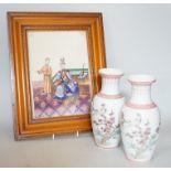 A pair of Chinese famille rose vases, possibly Republic period, and a framed figural pith