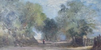 Manner of Abraham Hulk, oil on millboard, Figures on a country lane, 18 x 35cm