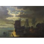 F. Kampe (19th C.), oil on canvas, Moonlit estuary scene with boatmen around a bonfire, signed and