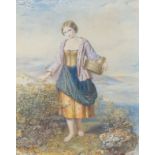 Augustus Jules Bouvier (1827–1881), watercolour, Girl on a hilltop picking blackberries, signed