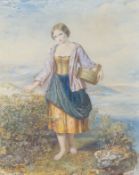 Augustus Jules Bouvier (1827–1881), watercolour, Girl on a hilltop picking blackberries, signed