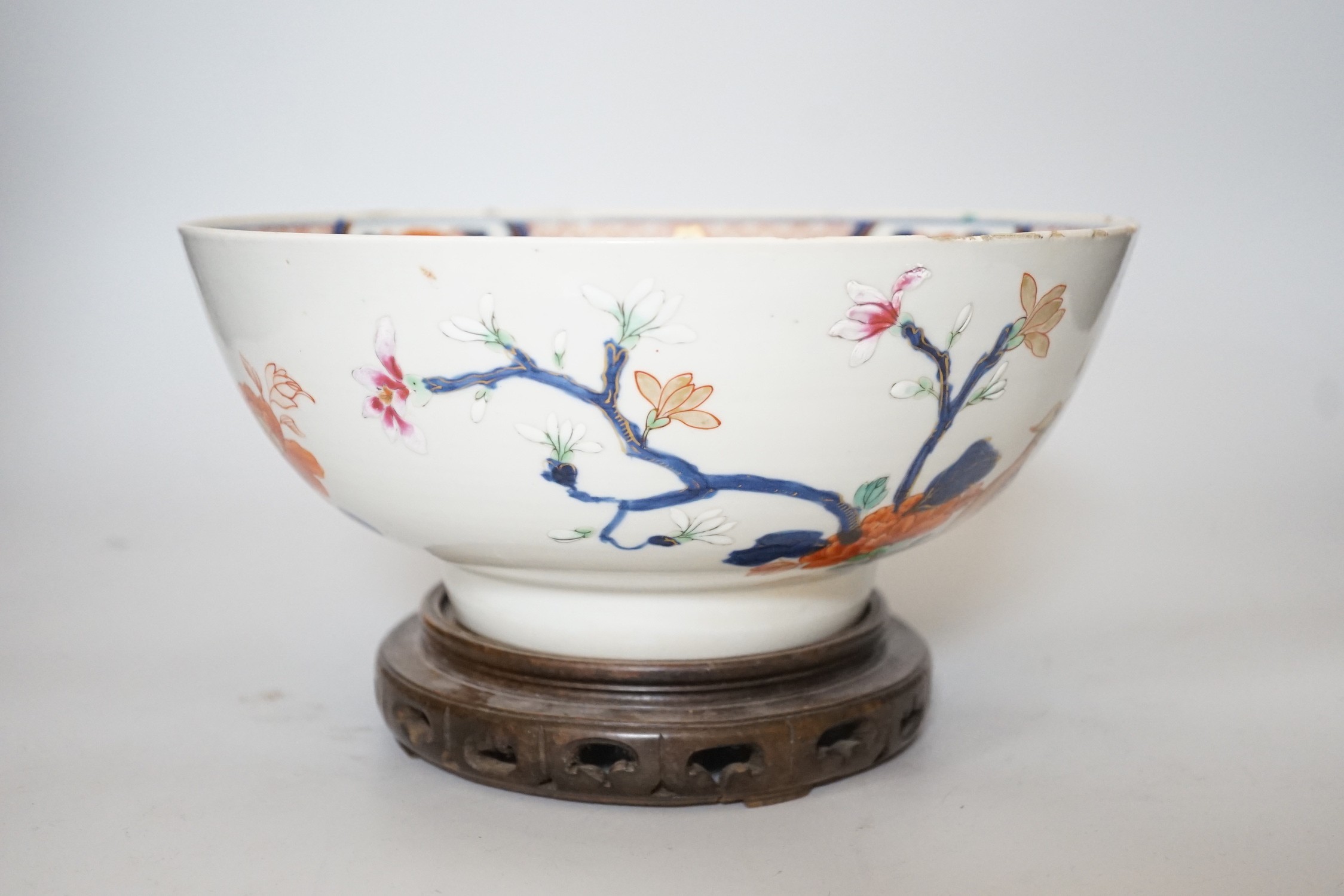 An 18th century Chinese famille rose bowl on wood stand, c.1740, diameter 26cm - Image 5 of 8