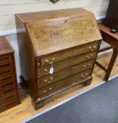 A George III mahogany bureau, later marquetry inlaid and crossbanded, width 91cm, depth 48cm, height