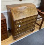 A George III mahogany bureau, later marquetry inlaid and crossbanded, width 91cm, depth 48cm, height