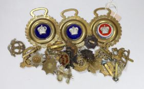 Various military cap badges and 3 horse brasses