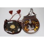 A 19th century circular tooled leather, tortoiseshell and mother of pearl mounted ladies, handbag
