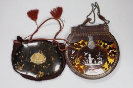 A 19th century circular tooled leather, tortoiseshell and mother of pearl mounted ladies, handbag
