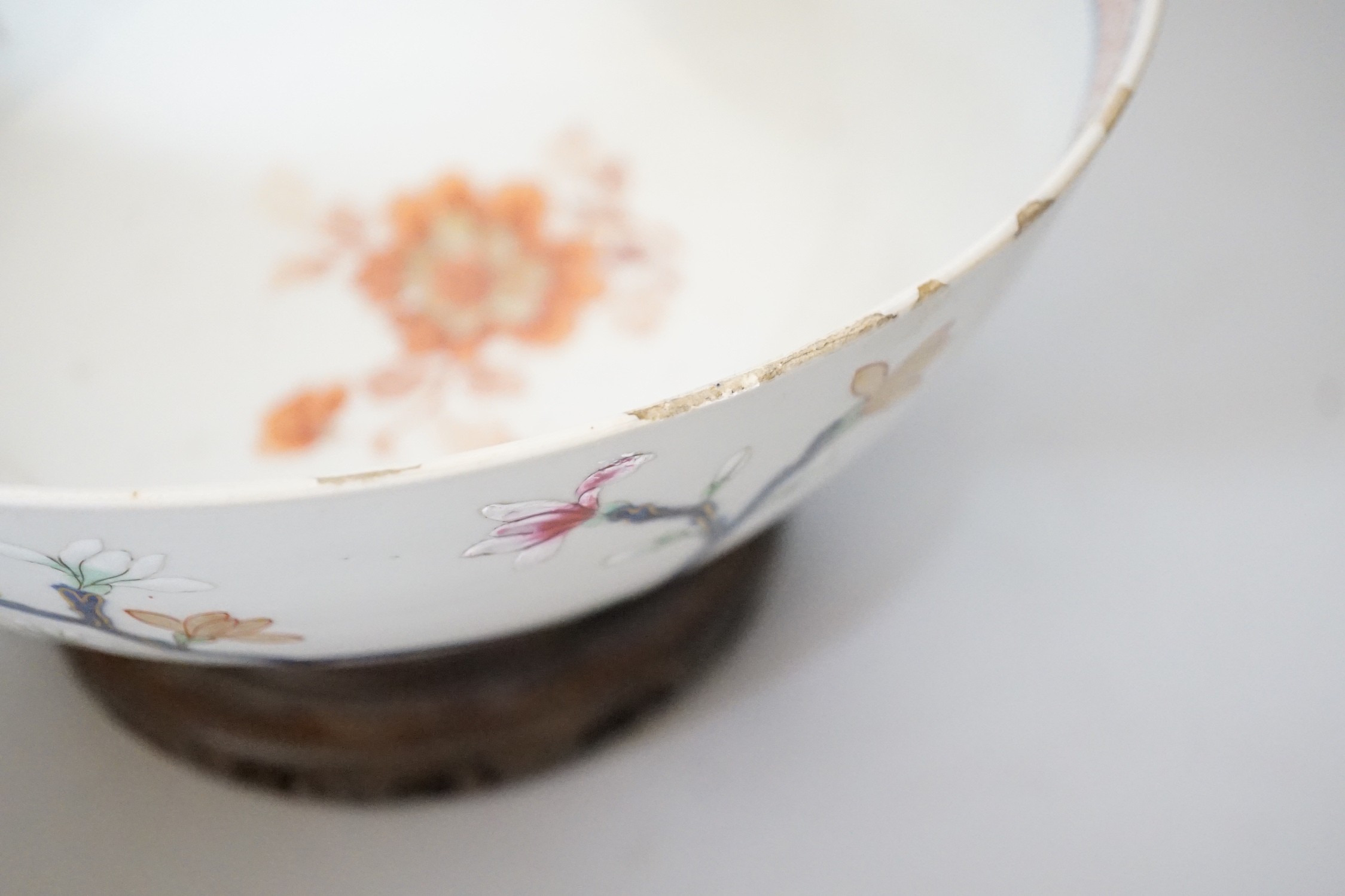 An 18th century Chinese famille rose bowl on wood stand, c.1740, diameter 26cm - Image 7 of 8