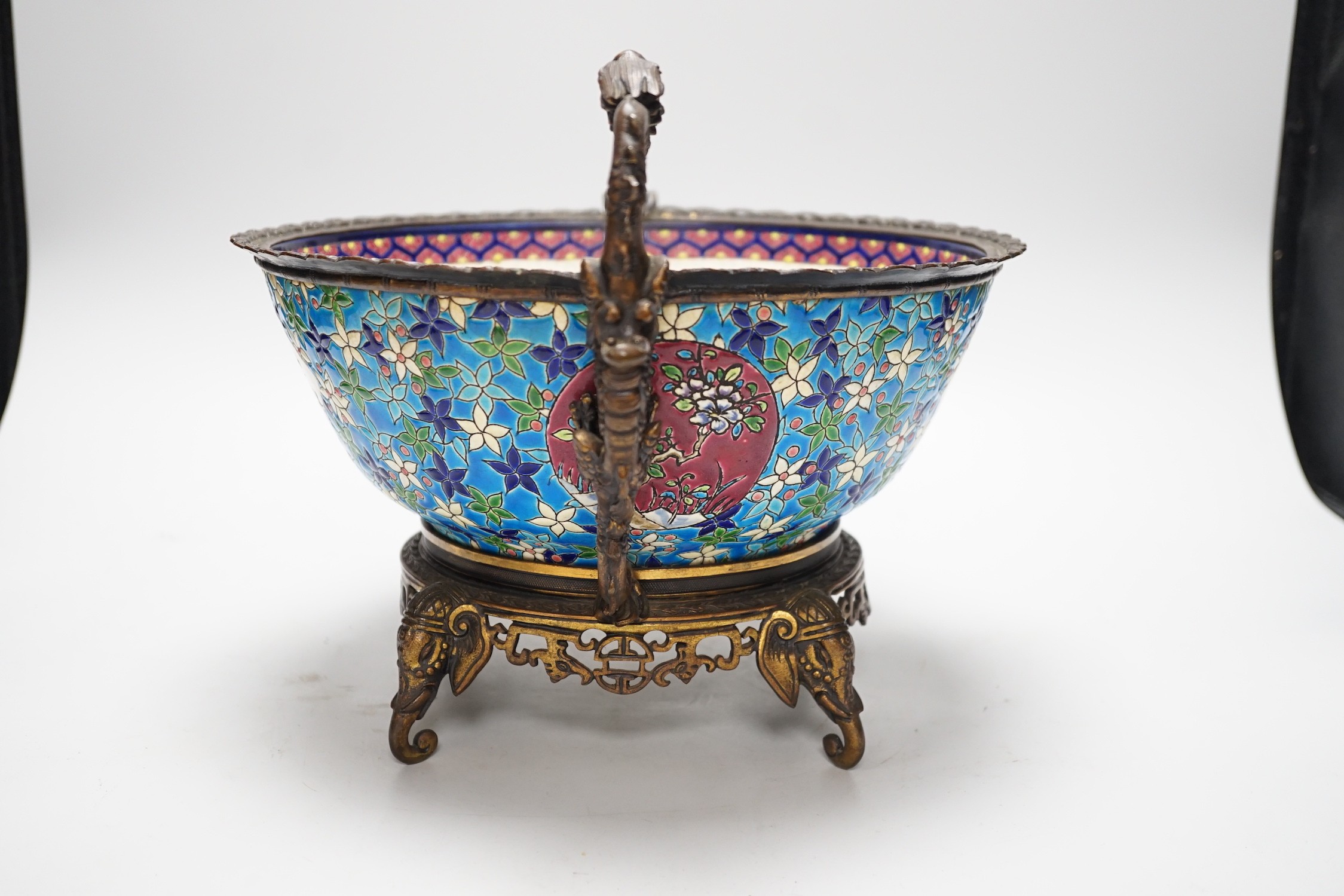 A 19th century French Longwy style ormolu mounted faience bowl on ornate dragon design stand, 23cm - Image 3 of 5