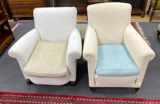 Two early 20th century upholstered armchairs, back legs stamped Howard & Son, Berners St and