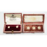 A modern cased pair of 9ct gold dress studs and a cased set of three yellow metal dress studs, gross
