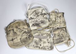 A collection of 1920’s and 30’s grey printed suede tourist novelty handbags of scenes from cities