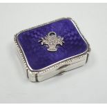 A lady's 1920's continental silver, enamel and marcasite set rouge box, import marks for London,
