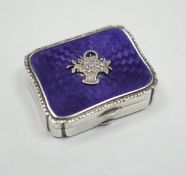 A lady's 1920's continental silver, enamel and marcasite set rouge box, import marks for London,