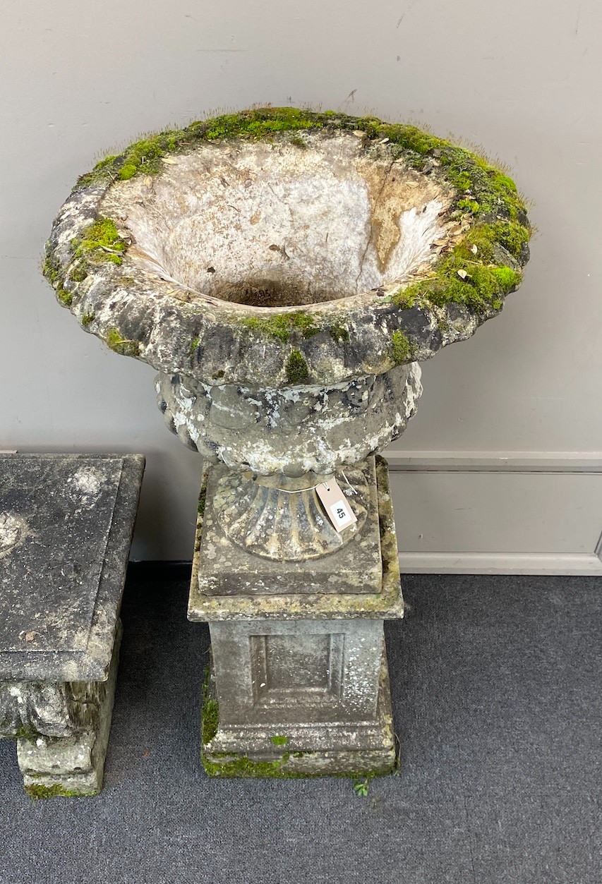 A reconstituted stone campana garden urn on square plinth, diameter 51cm, height 101cm - Image 2 of 2