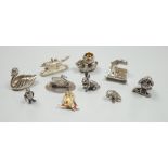 Eight assorted modern silver miniature animal or bird figures including menu holders, including