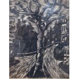Emil Bizer (German, 1881-1957), woodcut, Street scene with central tree, initialled in pencil, 52