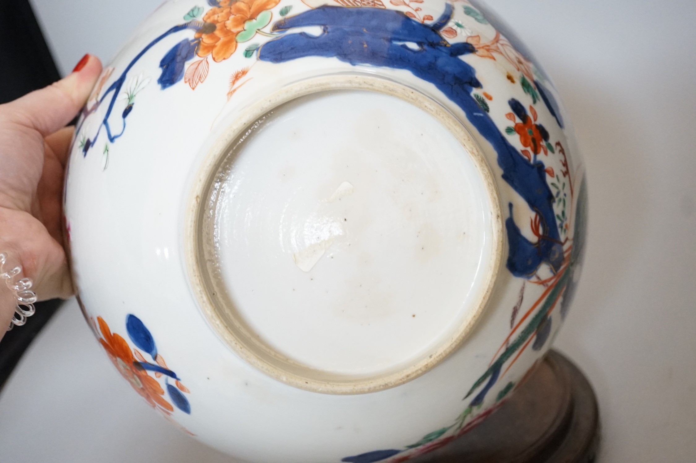 An 18th century Chinese famille rose bowl on wood stand, c.1740, diameter 26cm - Image 8 of 8