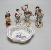 A Herend basket dish and two pairs of Continental figures