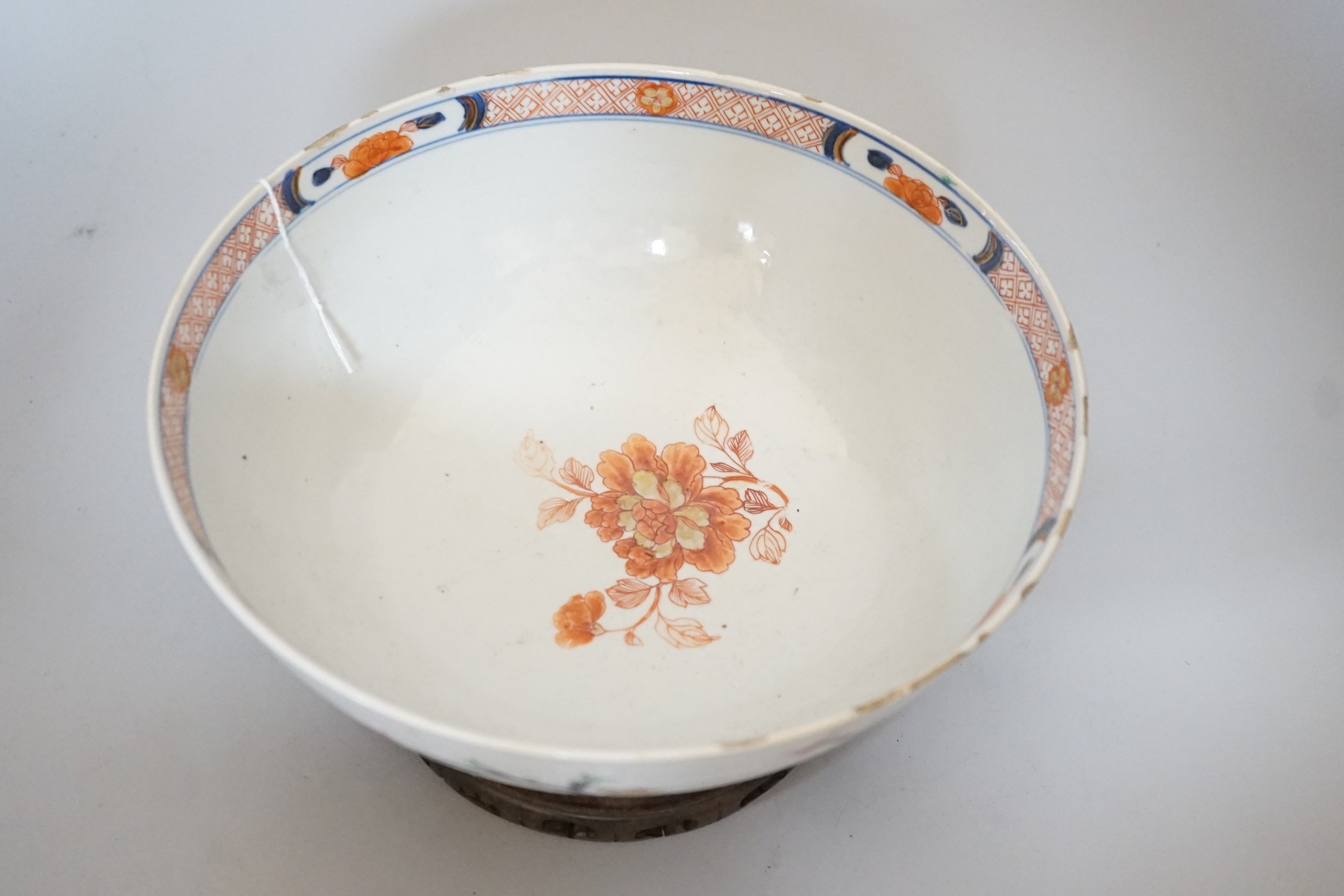 An 18th century Chinese famille rose bowl on wood stand, c.1740, diameter 26cm - Image 6 of 8