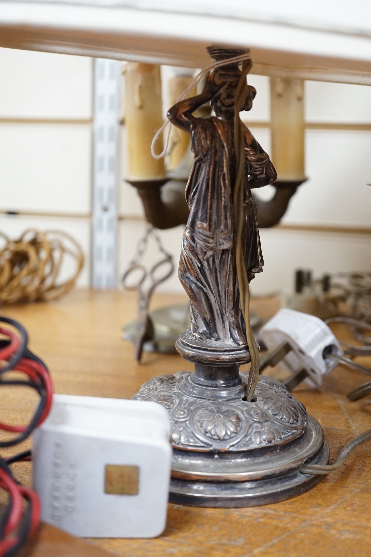 A Sheffield plated figural table lamp, a brass figural ‘Pierrot’ table lamp and An Eastern brass - Image 3 of 3