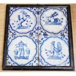 Four 17th century Dutch Delft blue and white tiles, decorated with deer, cockerels and figures