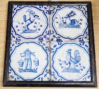Four 17th century Dutch Delft blue and white tiles, decorated with deer, cockerels and figures