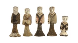 A set of five Chinese pigment painted pottery standing figures of musicians, Han dynasty or later,