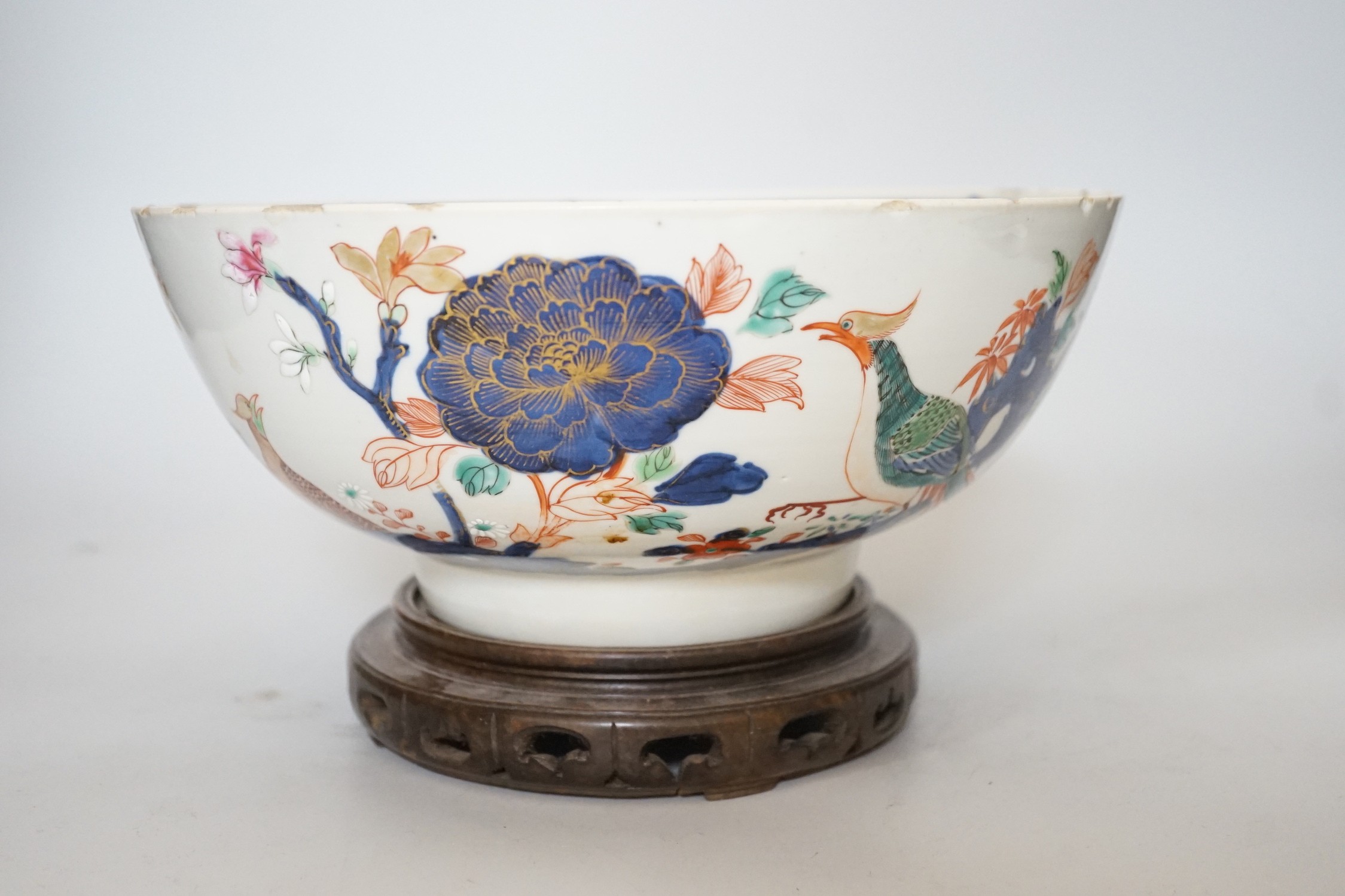 An 18th century Chinese famille rose bowl on wood stand, c.1740, diameter 26cm - Image 4 of 8