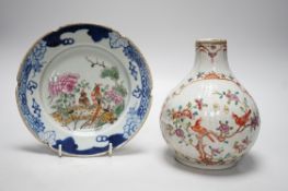A Chinese Kangxi period clobbered bottle vase, reduced, height 29.5cm, and a Chinese plate, vase
