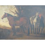 19th century English School, oil on canvas, Groom attending two horses, 30 x 41cm, unframed