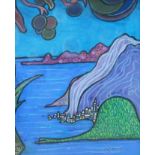 Chanael Mifeleur (1920-1999), pastel, Stylised coastal landscape, signed and dated '72, 53 x 42cm