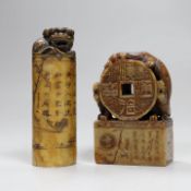 Two large Chinese soapstone seals, early 20th century, tallest 12cm