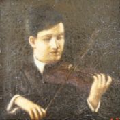 English School, oil on card, Portrait of a violinist, initialled, 12 x 12cm